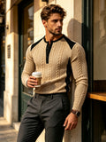 [Joximei OBM] Western Hardman Style Men'S Jacquard Henley Long Sleeve T-Shirt, Shoulder Side Color-Block Patchwork Knit Top, Home Casual Weekend Outing Base Layer, Surprise Gift for Men - Khaki