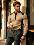 [Joximei OBM] Western Hardman Style Men'S Jacquard Henley Long Sleeve T-Shirt, Shoulder Side Color-Block Patchwork Knit Top, Home Casual Weekend Outing Base Layer, Surprise Gift for Men - Khaki
