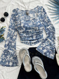 Women's Casual Vacation Mesh Red Insect Butterfly Print Square Neck Long Sleeve Cuffed T-Shirt - Multicolor