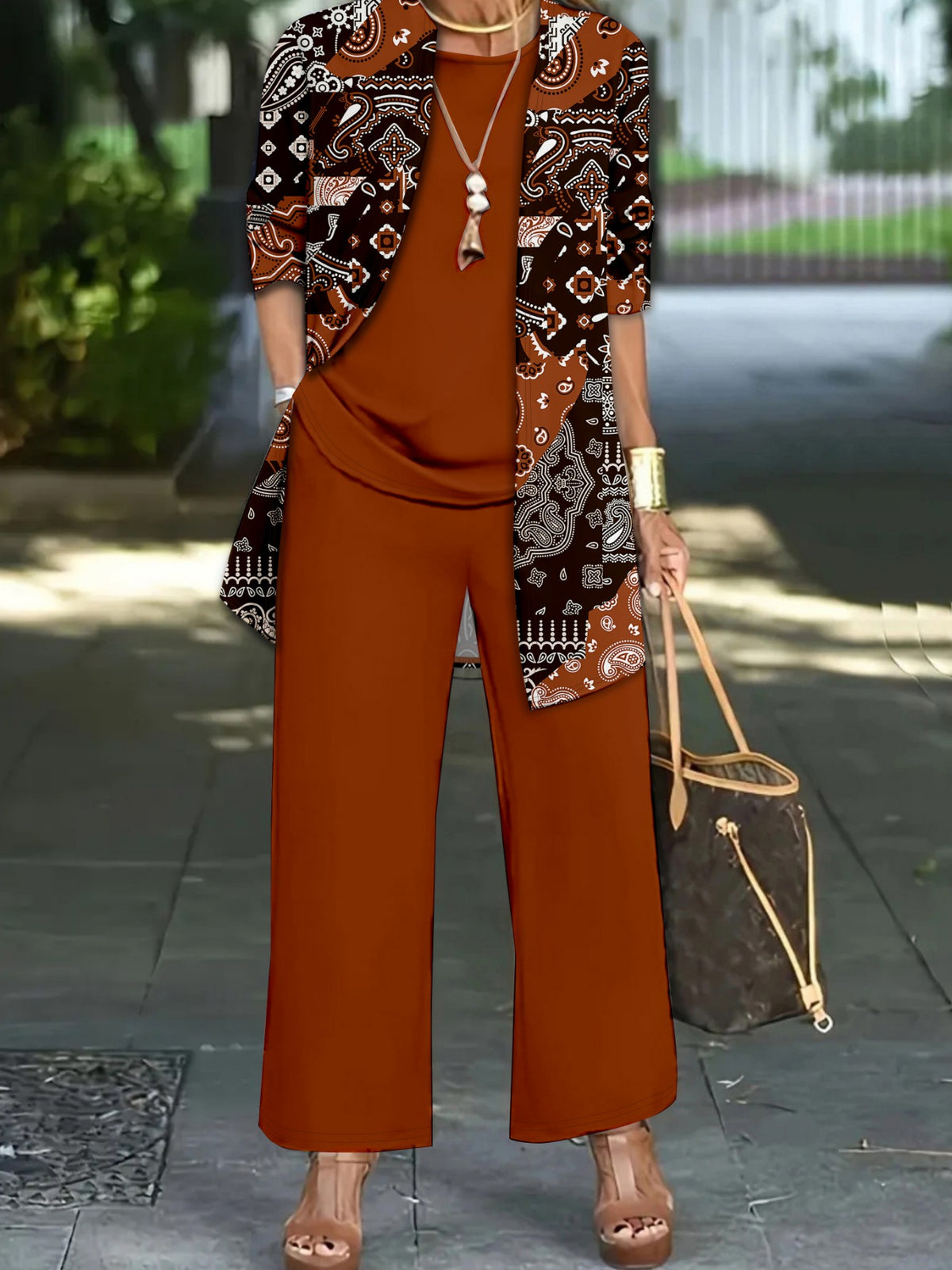 Ethnic Style Full Print Random Print Pants 3pcs Set Spring Summer Autumn Winter Versatile Fashion Full Print 3pcs Set Printed Long Sleeve Jacket Solid Color Round Neck Vest Elastic Drawstring Waistband Solid Color Trousers Women'S Casual Suit - Mixed colors