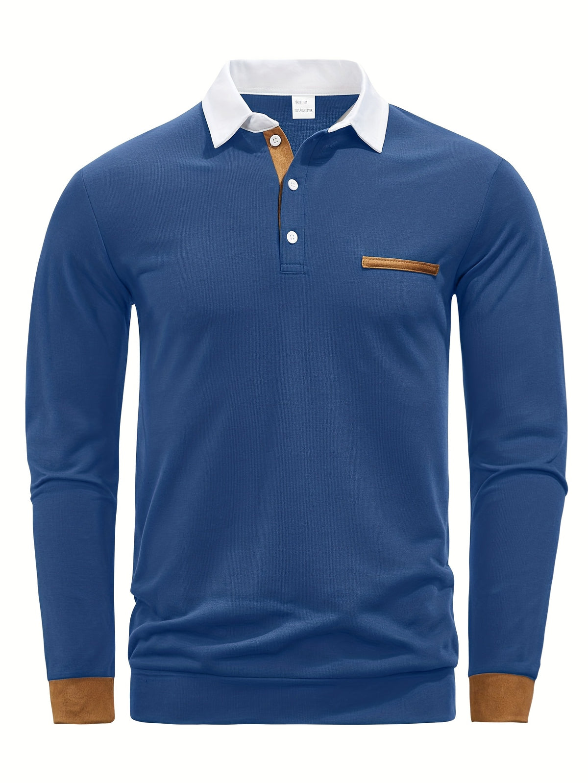 2025 Cross-Border European and American Fashion Men's Shirt Collar Long-Sleeve T-Shirt, Pocket Patchwork; Cuff Patchwork Style; Casual Long-Sleeve Lapel Polo Shirt;, Regular Fit, Autumn, Daily - Sea Blue