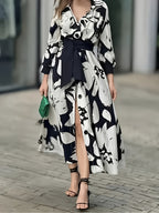 Women'S Elegant Black White Floral Maxi Dress Long Sleeve A Line Button Front Flared Skirt - Mixed colors
