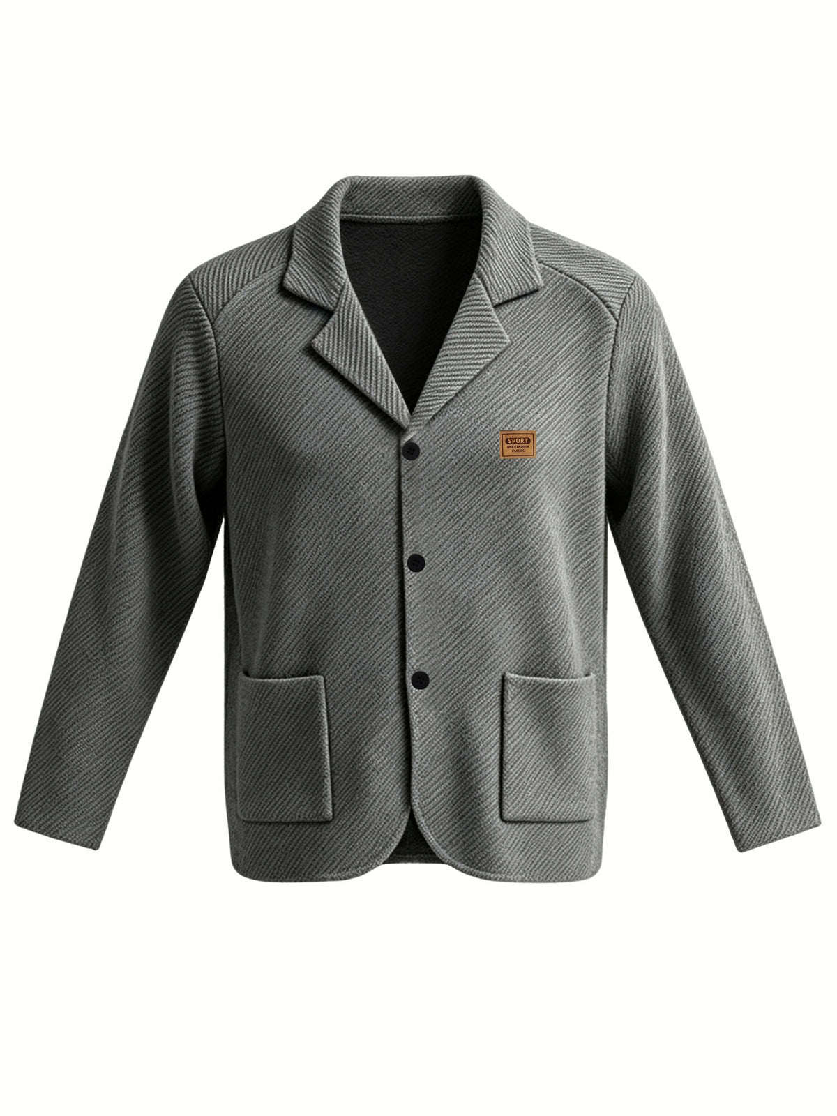 Whale Crossing OBM Men's New Spring, Autumn, and Winter Collection: Twill Textured Fabric Notched Lapel Cardigan, Single-Breasted with Double Pockets, Business Casual Versatile Long-Sleeve Knit Outerwear. Soft, Comfortable, and Stylish Solid-Colored - Grey