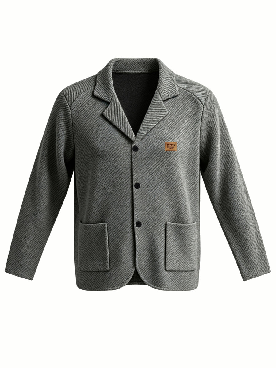 Whale Crossing OBM Men's New Spring, Autumn, and Winter Collection: Twill Textured Fabric Notched Lapel Cardigan, Single-Breasted with Double Pockets, Business Casual Versatile Long-Sleeve Knit Outerwear. Soft, Comfortable, and Stylish Solid-Colored - Grey