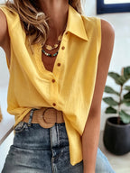 European and American Style Versatile Summer New Arrival Pure Breathable Sleeveless Lapel Single-Breasted Casual Loose Vest Sleeveless Shirt for Women - Yellow