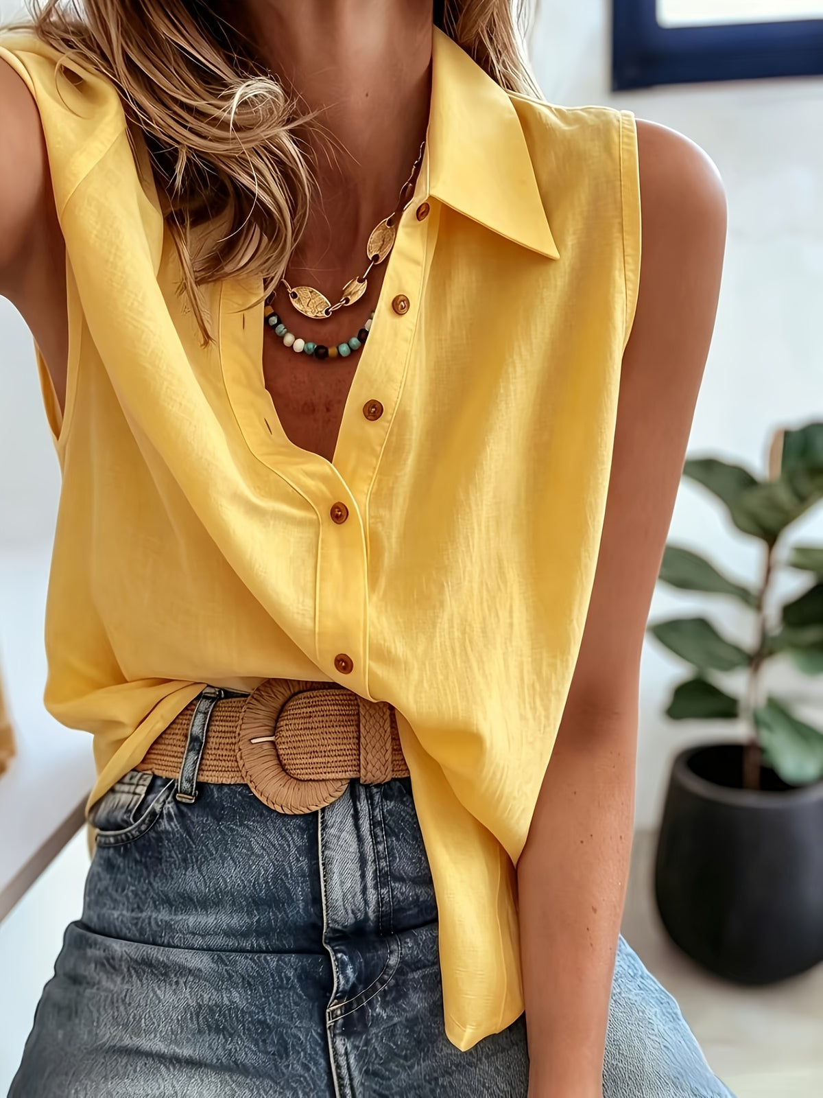 European and American Style Versatile Summer New Arrival Pure Breathable Sleeveless Lapel Single-Breasted Casual Loose Vest Sleeveless Shirt for Women - Yellow