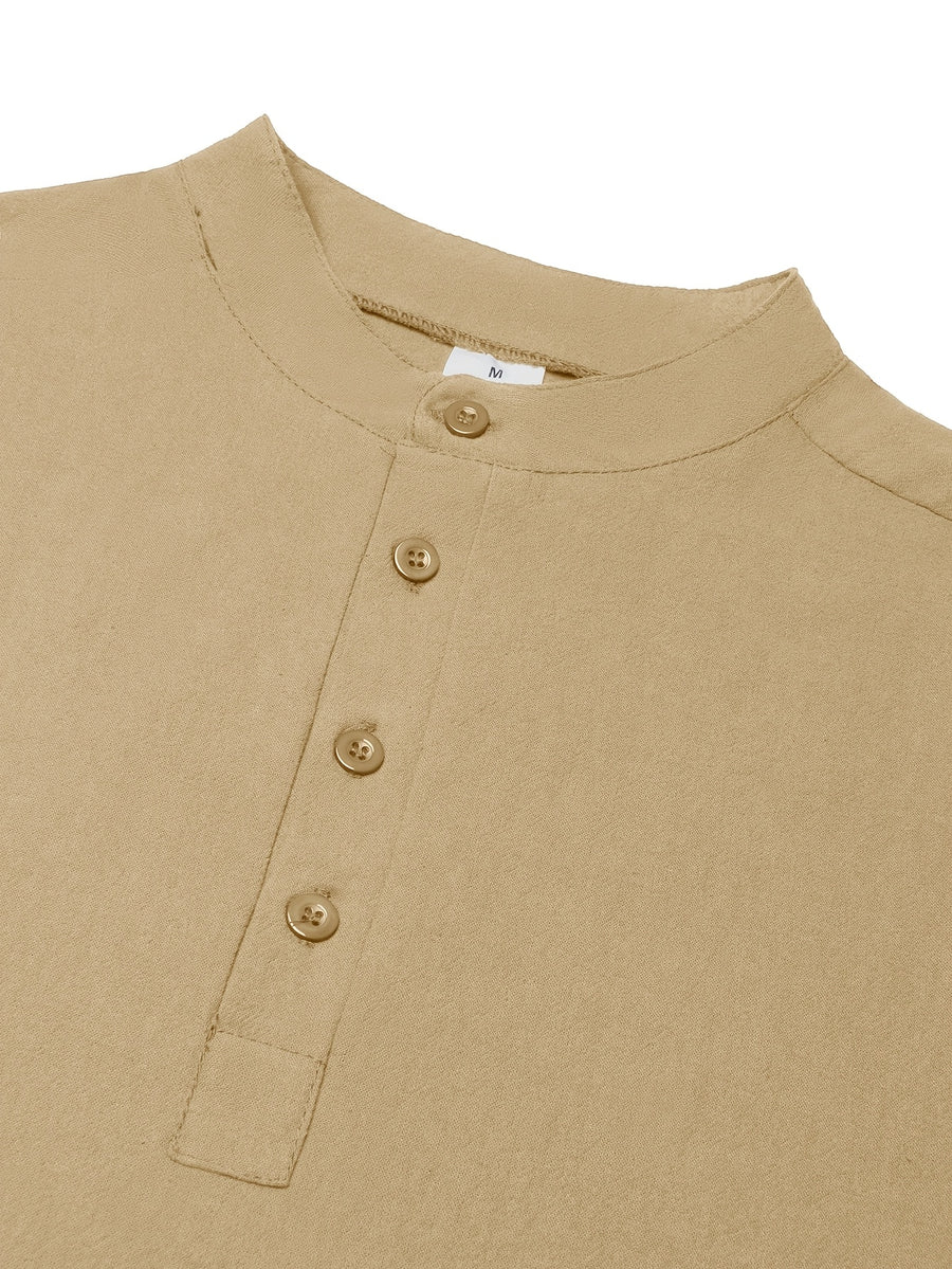 Men'S Spring Autumn New Thin Half-Button Stand Collar Linen T-Shirt Casual All-Match Athletic Trendy Fashion Commuting Fitness Thin Comfortable Loose Long Sleeve T-Shirt - Khaki