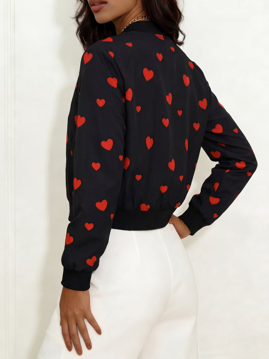 Women's Spring/Summer New Lightweight Casual Elegant Heart Pattern Color-Block Design Jacket with Zipper Front, Baseball Collar, and Ribbed Hem and Cuffs - Black
