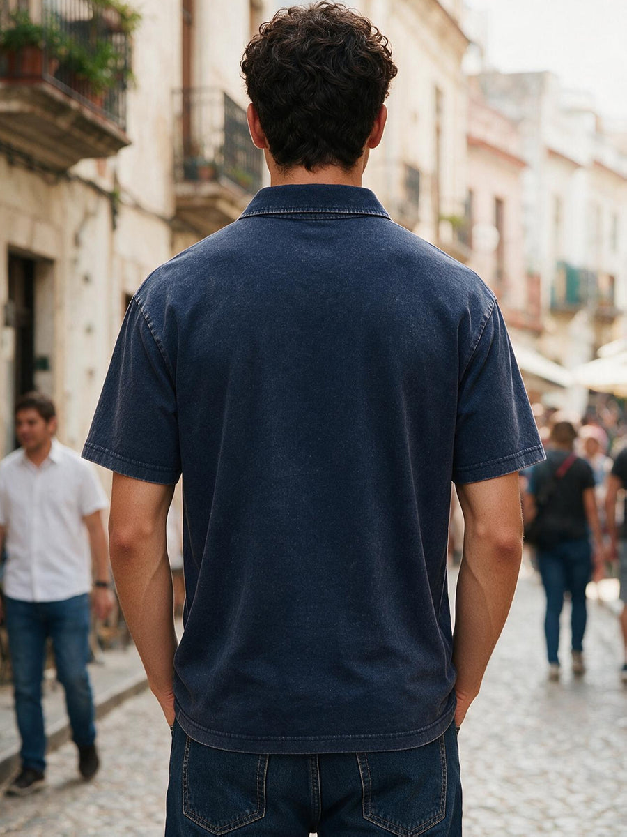 240G Heavyweight Combed Pure Men'S POLO Shirt Easy Retro Washed Loose Lapel Short Sleeve Skin-Friendly Temperament Autumn Summer Daily Commute Casual Top - Navy Color