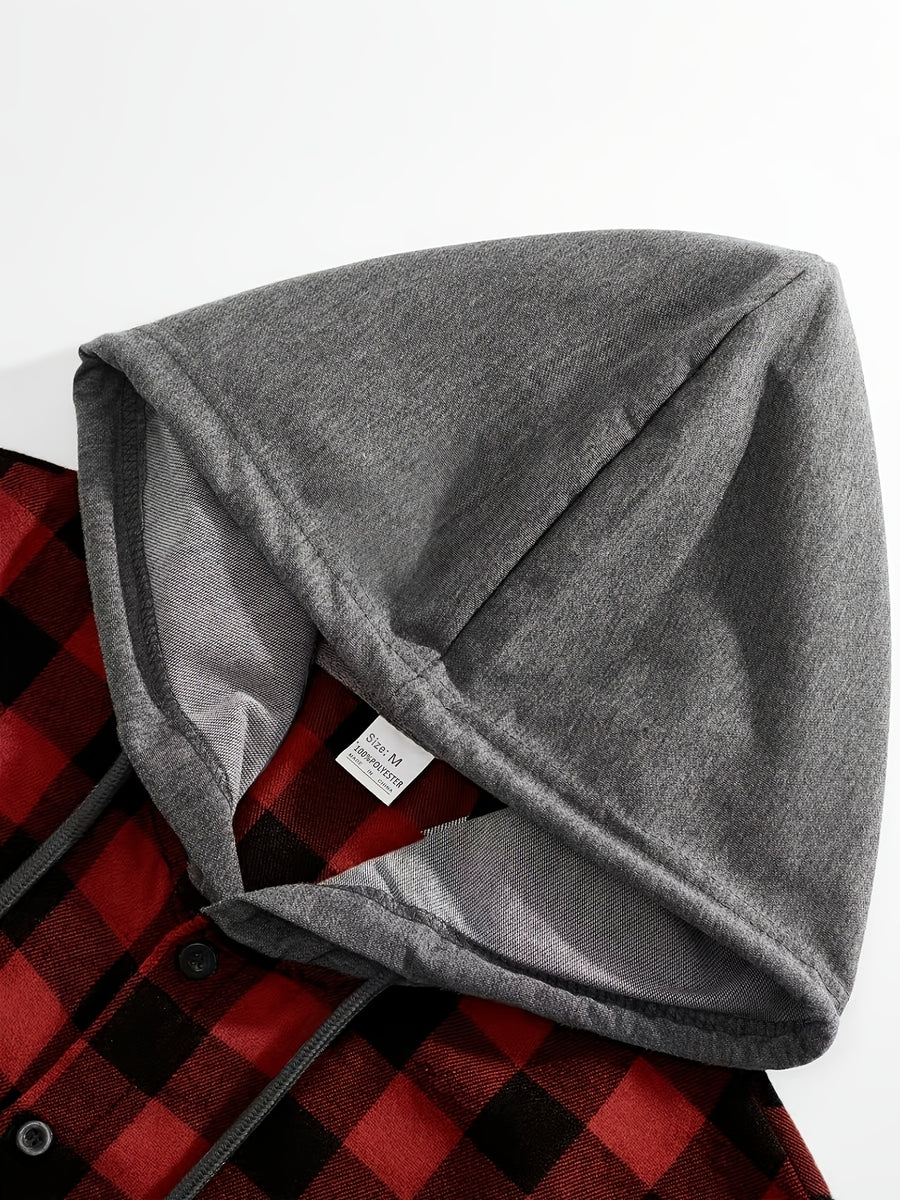 Men's Casual Plaid Hooded Short-Sleeve Hoodie, Summer Button Design, Suitable for Daily Outings, Casual Dates, and Trendy Summer Tops - Red Checkered