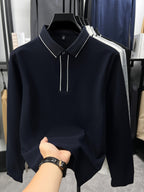 Autumn Multi-Color Selectable Men'S Contrast Edge Long Sleeve Polo Shirt, Comfortable Fabric, Easy Lapel, Delicate And Smooth, Loose Fit, Business Commute, Visiting Friends, Business Travel, Home Casual Top - Navy Color