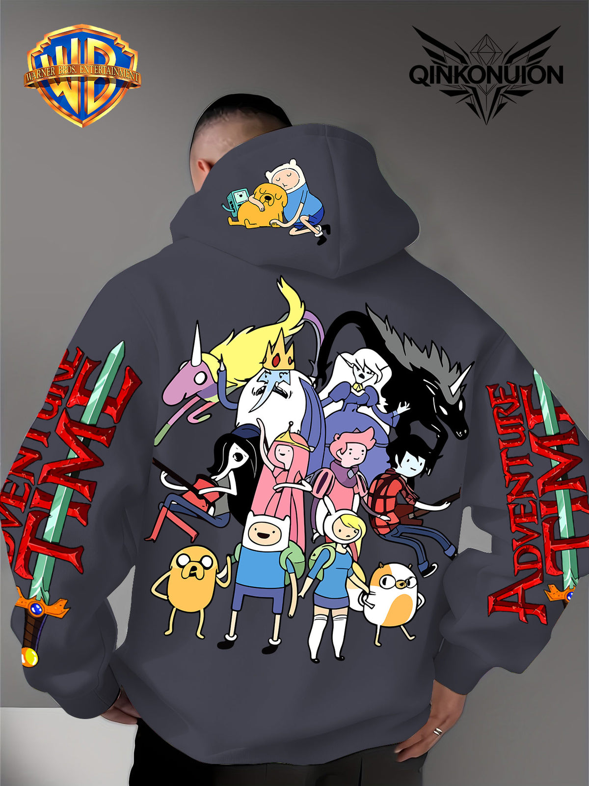 Warner Official Men's Hoodie, Adventure Treasure Full Character Gathering Adventure Print Design, Machine Washable, Warm and Casual for Autumn and Winter, Daily Drawstring Hoodie, Multifunctional Sports and Casual Loose Fit - Dark Gray