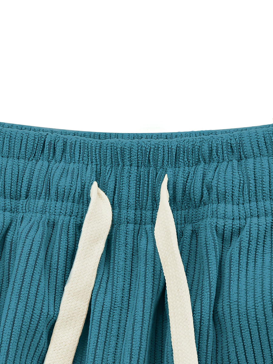 HIDKAT Women's Corduroy Pants - Elastic Drawstring Waist Corduroy Trousers with Pockets, Breathable Corduroy Fabric Suitable for Home, Outdoor & Casual Wear, Solid Color Elegant Summer Pants for Warm Weather (No Stretch) - Blue