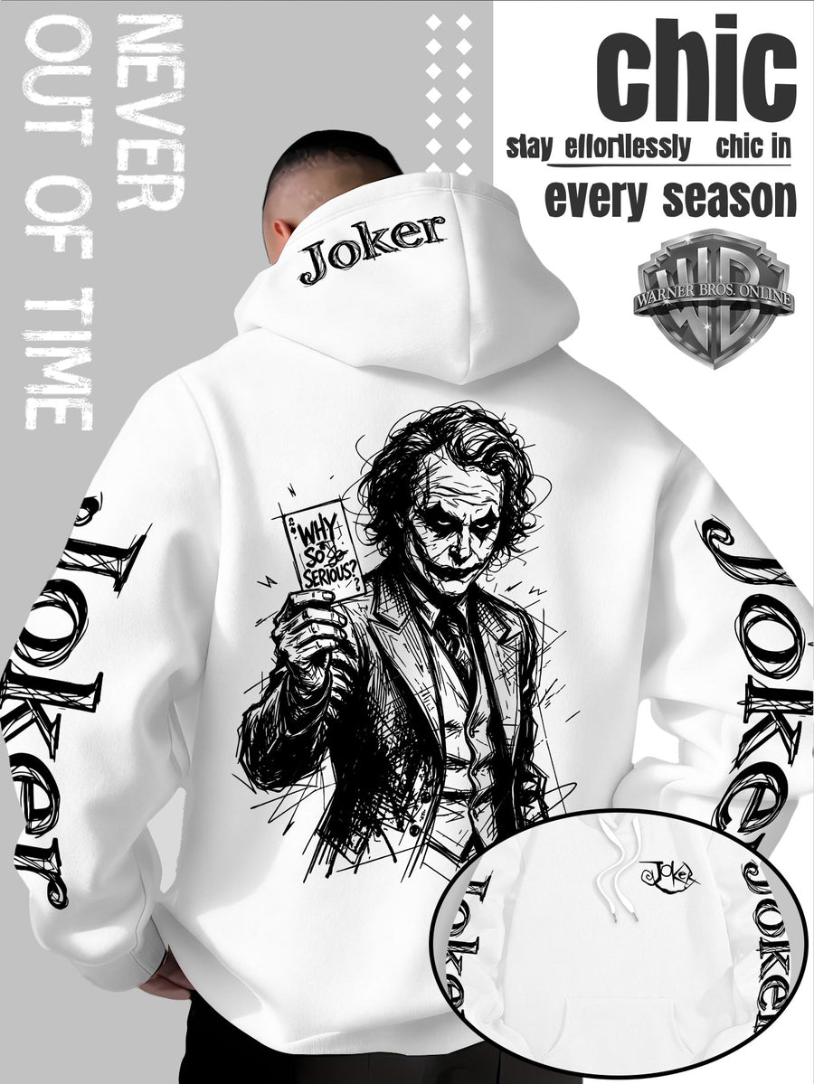 WB Warner Bros. Official Licensed Men's Joker Hooded Sweatshirt - Iconic Joker Portrait Print Hoodie, Soft Pilling-Resistant Fabric, Loose Fit Streetwear Pullover Suitable for Autumn/Winter, Machine Washable for Home, Outings & Joker-Themed Apparel - White