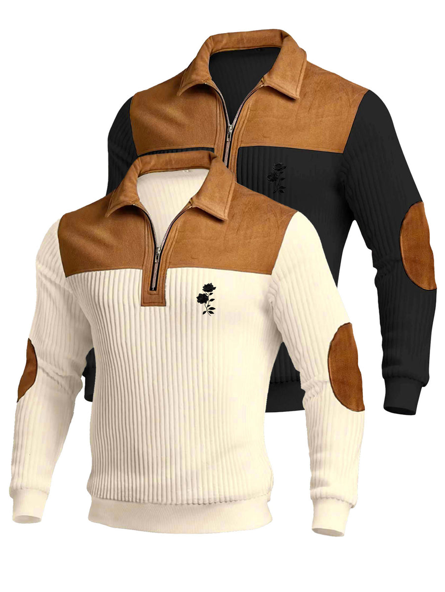Christmas Men's Gift 2pcs Set: Men's Casual High-Turning-Head Ribbed Half-Zip Stand Collar Pullover - Color-Block Long Sleeve Pullover with Contrasting Color Design, Versatile for Daily Wear, Casual and Sporty Layering Style, Multiple Pieces - Black+Apricot