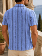 Men's Summer Knit Polo Shirt, Fashion Vertical Jacquard Stripe, Half-Zip Geometric Texture, Suitable for Trips, Business Occasions & Evening Dates - Men's Knit Polo Shirt (Sea Blue)