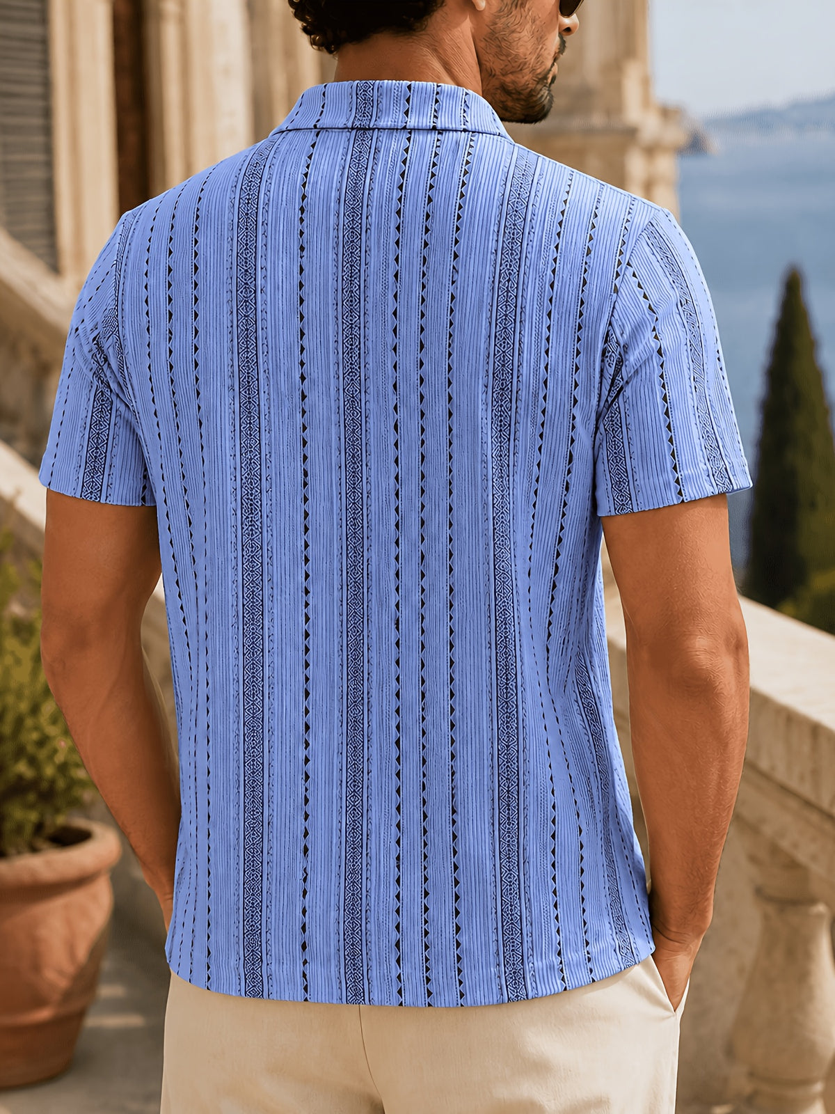 Men's Summer Knit Polo Shirt, Fashion Vertical Jacquard Stripe, Half-Zip Geometric Texture, Suitable for Trips, Business Occasions & Evening Dates - Men's Knit Polo Shirt (Sea Blue)
