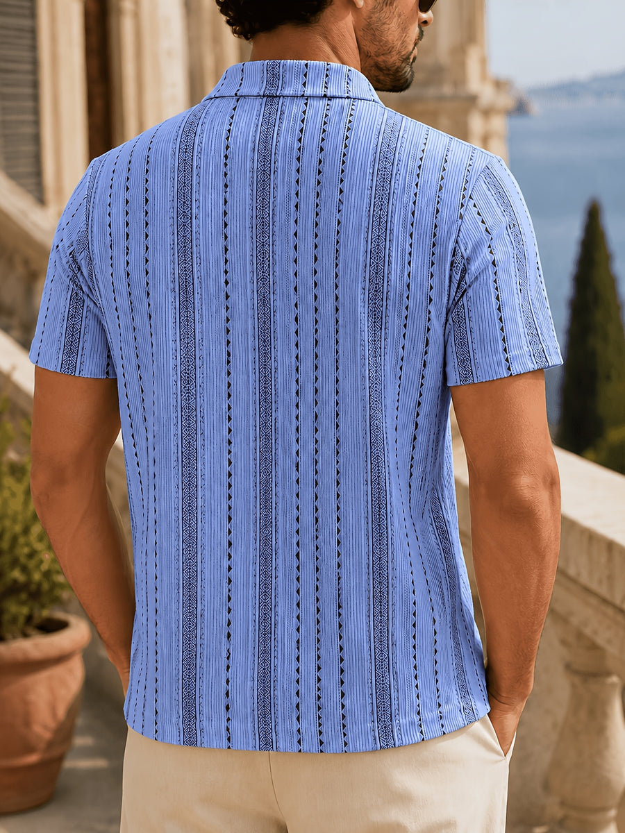 Men's Summer Knit Polo Shirt, Fashion Vertical Jacquard Stripe, Half-Zip Geometric Texture, Suitable for Trips, Business Occasions & Evening Dates - Men's Knit Polo Shirt (Sea Blue)