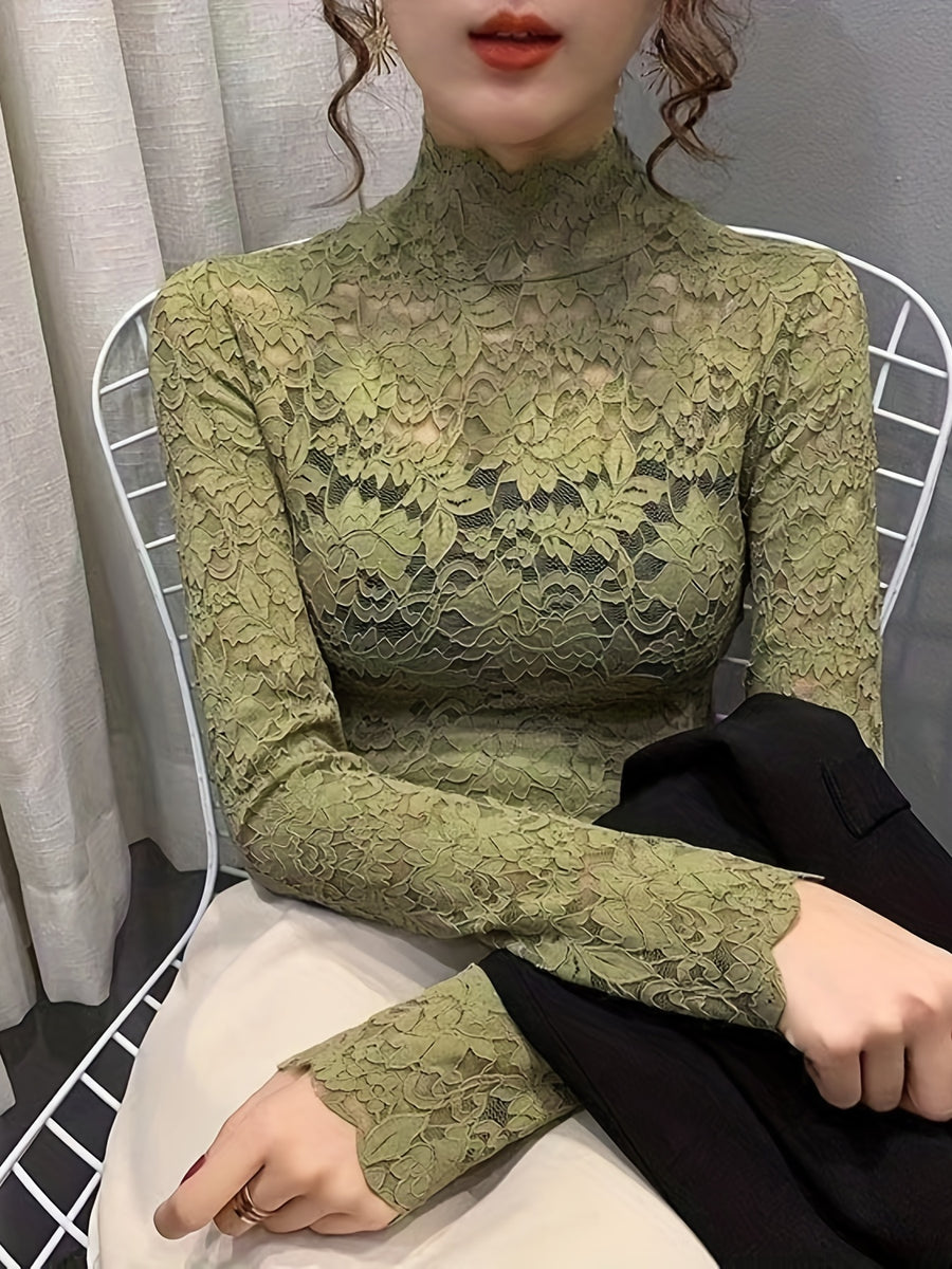 Lace Mock Neck Slim Top, Sexy Long Sleeve Top For Spring & Fall, Women's Clothing - Green
