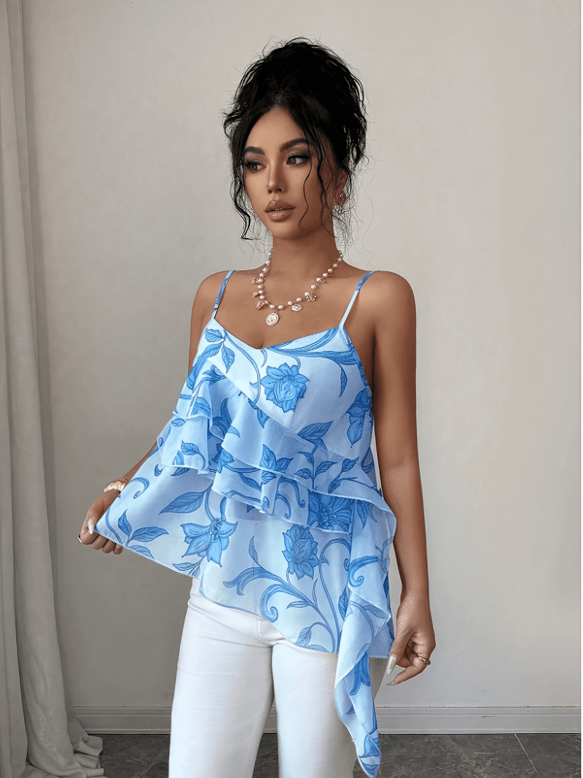 2026 Summer New Pink Floral Ruffled Camisole Women'S Summer Irregular Hem Body-Shaping Thin Chiffon Top Hot Top - Vibrant Blue