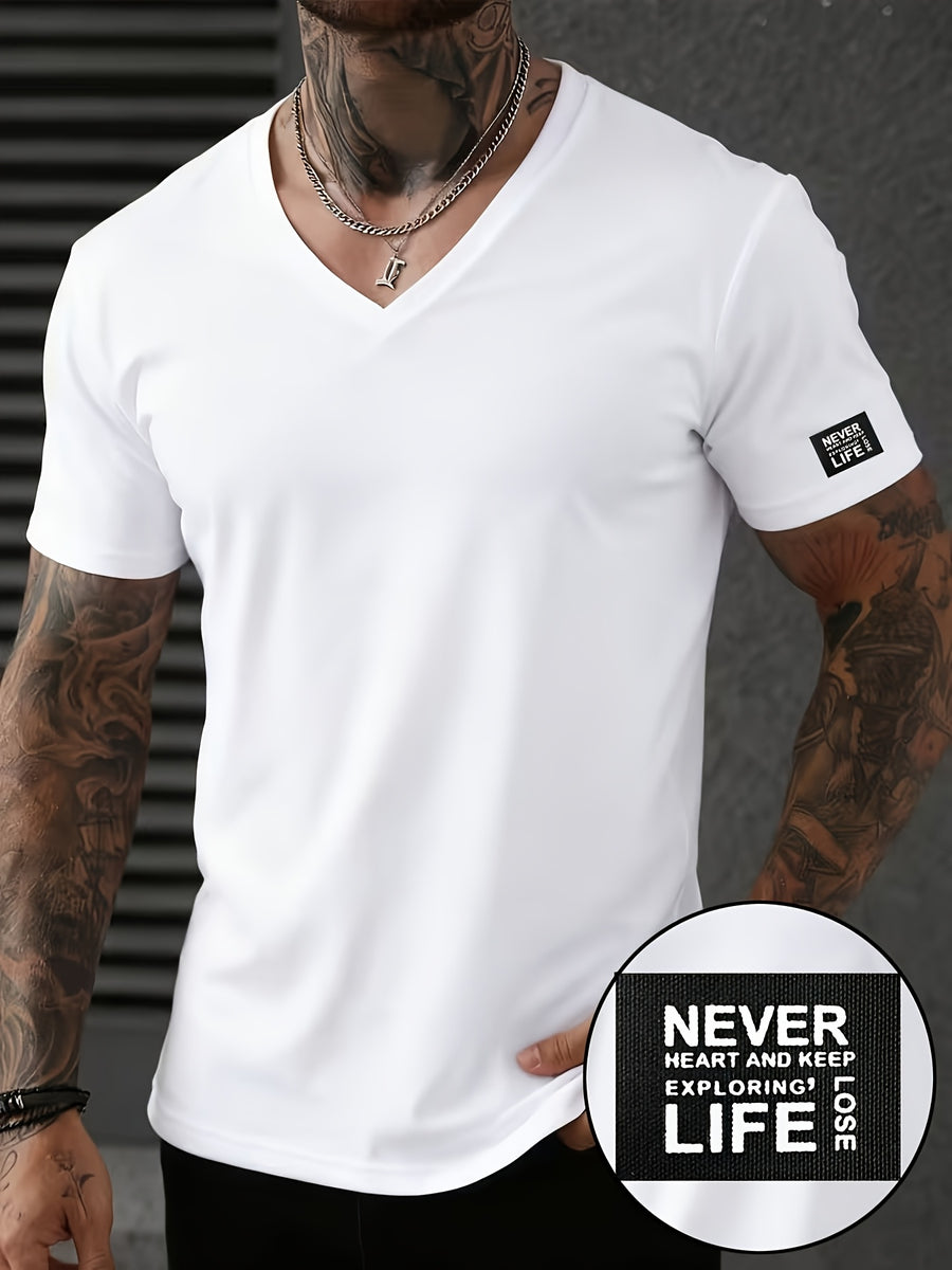 Men'S Patchwork V-Neck Short Sleeve T-Shirt, Suitable for Summer Outdoor Casual Wear, Casual Versatile Knit Top - White 2