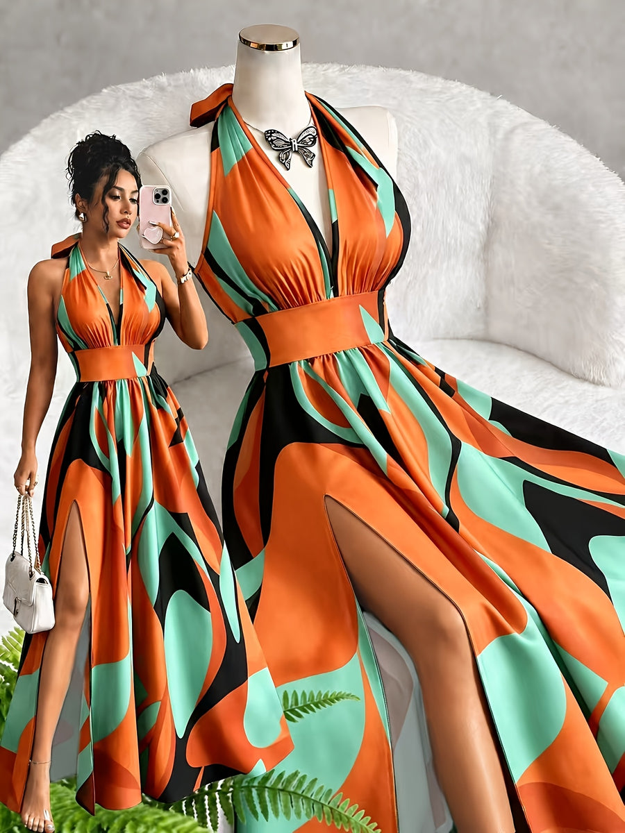 New French-Style Casual Elegant Sexy High-End Design V-Neck Backless Spaghetti Strap Waist-Revealing A-Line Slit Sleeveless Long Dress, Red and Green Floral Print, High-Quality Exquisite Women's Clothing - Light Green