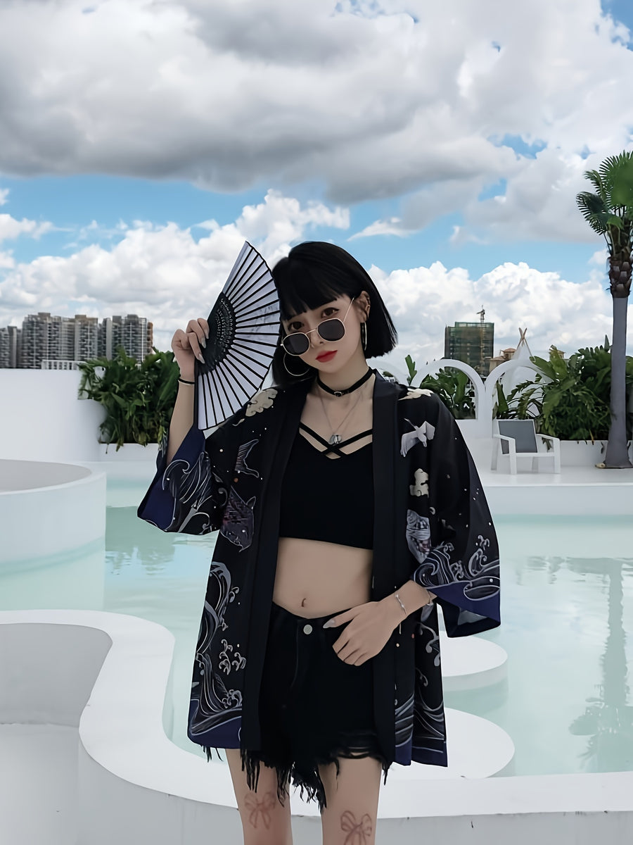 Yukata Lucky Koi Print Three-Quarter Sleeve Kimono Loose Haori Japanese Style Kimono Unisex Couple Wear Travel Casual Lightweight Outerwear Shirt Spring Summer Japanese Cardigan Shawl Group Performance Costume - Black