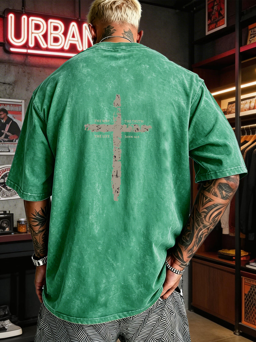 Men's Heavyweight T-Shirt Washed Distressed Fashion Print 2026 Summer New Urban High Street Hiphop Style Vintage Acid Wash Casual Gym Workout Top Pure Cotton Breathable Base Shirt - Green