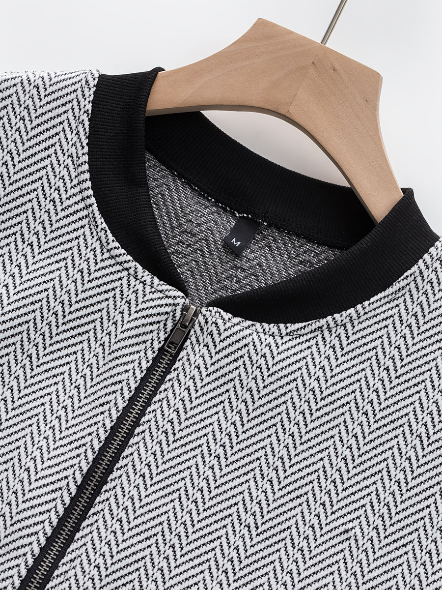 Pearson OBM Spring/Autumn Men's Stand Collar Zipper Casual Jacket, Simple and Versatile Style with Herringbone Texture and Ribbed Hem, Office Worker's Daily Outing Casual Versatile Men's Outerwear - White
