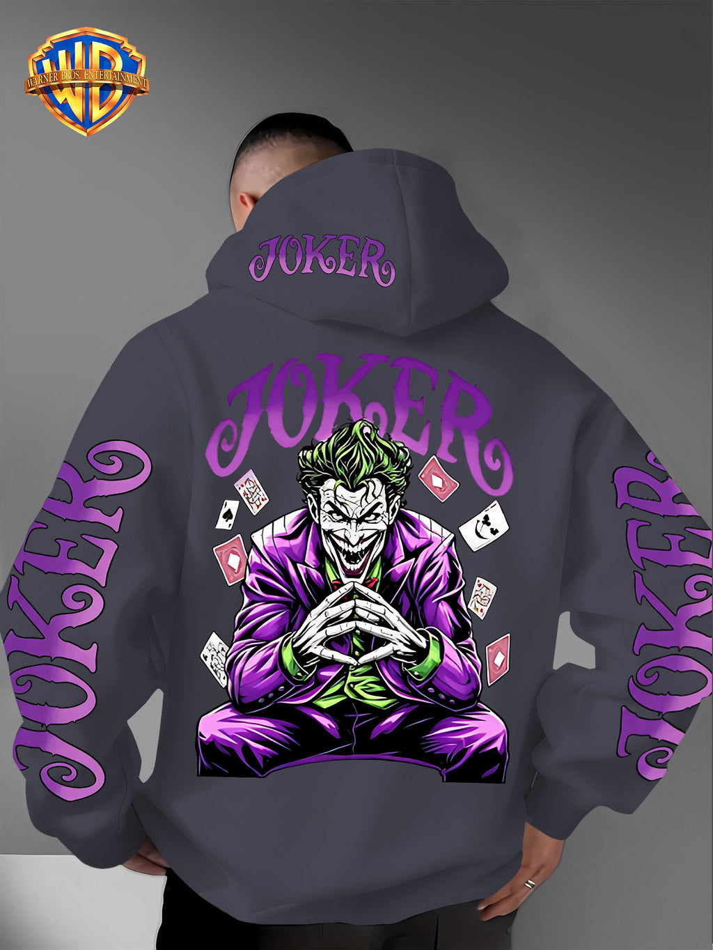 Warner Bros. Fashion Poker Joker Print, Hat Design Pattern, Multi-functional Street Style Men's Hooded Sweatshirt, Comfortable and Casual, Suitable for Autumn and Winter Wear - Dark Gray