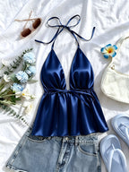 1pc Solid Color Spring Summer Beach Vacation Casual Satin Ruffled Cami Top - Navy Color