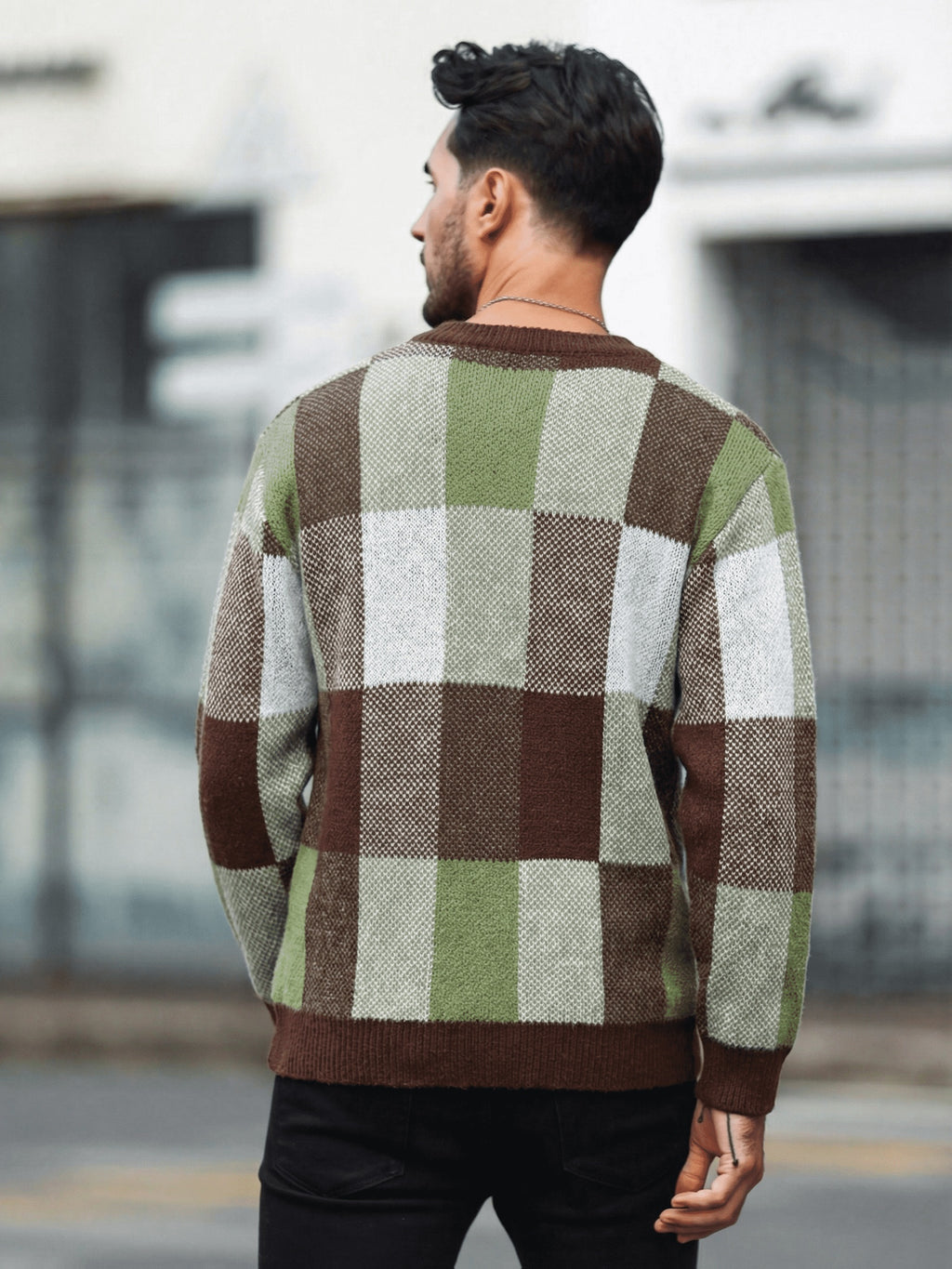Men'S Casual Color-Block Checkered Design Loose Knit Pullover, Trendy Blocked Long Sleeve Round Neck Sweater, Suitable for Fall Winter Wear, Fashion Statement Piece - Olive