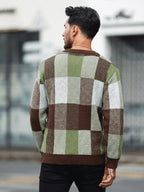 Men'S Casual Color-Block Checkered Design Loose Knit Pullover, Trendy Blocked Long Sleeve Round Neck Sweater, Suitable for Fall Winter Wear, Fashion Statement Piece - Olive