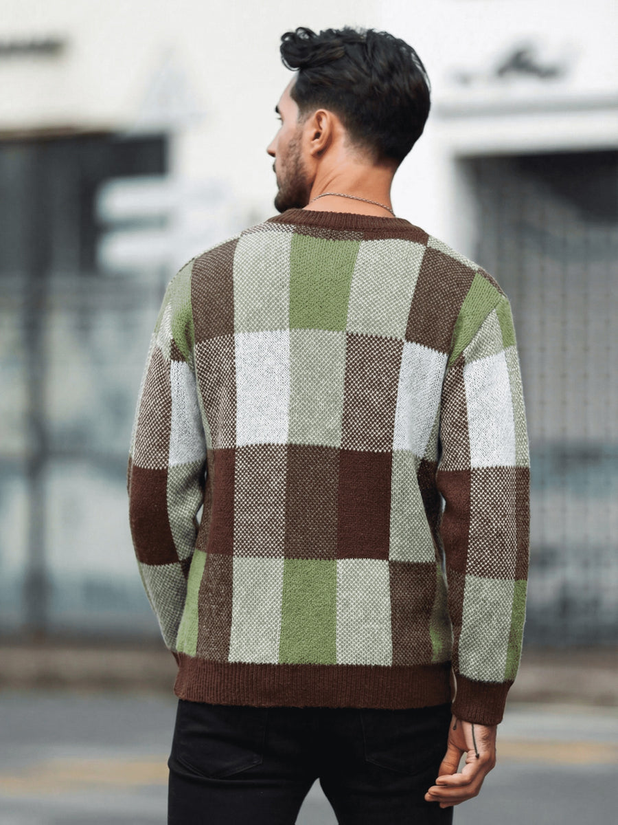 Men'S Casual Color-Block Checkered Design Loose Knit Pullover, Trendy Blocked Long Sleeve Round Neck Sweater, Suitable for Fall Winter Wear, Fashion Statement Piece - Olive