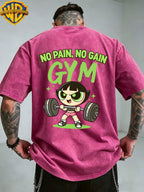 Warner Bros. Officially Authorizes Iron Fitness Slogan Printed Retro Washed Outdated Short Sleeve T-shirt for Men and Women, Machine Washable Daily Commuter Outdoor Sports and Leisure Top - Rose Red