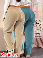2-Pack Women'S Elegant Casual Fashion Corduroy Pants | Lightweight, All-Season Comfort, Solid Color with Pockets, Suitable for Various Occasions - Card + Blue