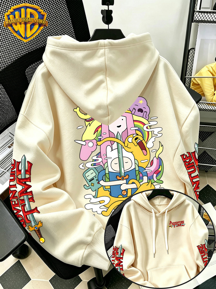 [Warner Bros] Licensed Men'S New Trendy Hoodie, Adventure Cartoon All- Battle Pattern Print, Casual Pullover Sweatshirt, Everyday Drawstring Loose Top, Machine Washable Versatile Sport Casual Men'S Top - Apricot