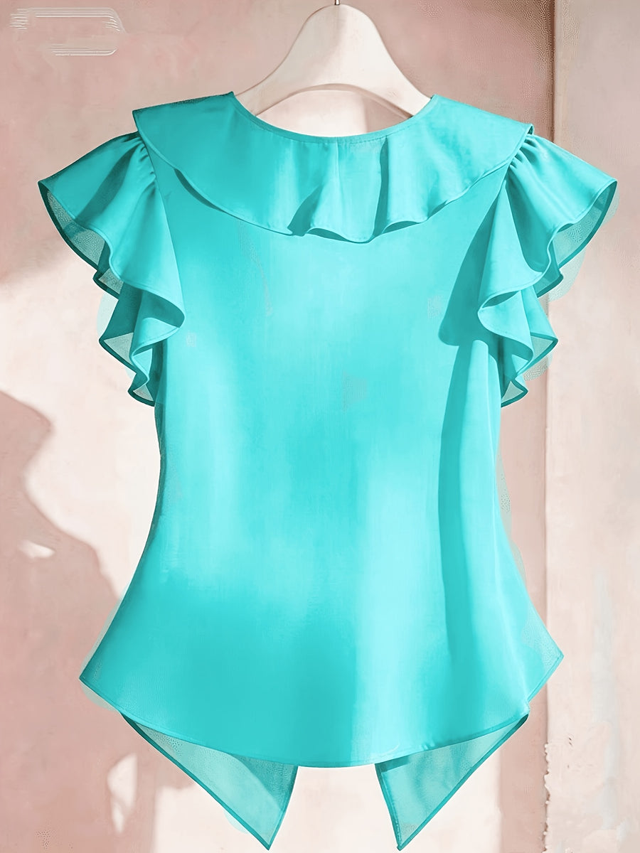 Summer French Solid Ruffled Fly Short Sleeve Shirt Chiffon Top Women'S - Lake Blue