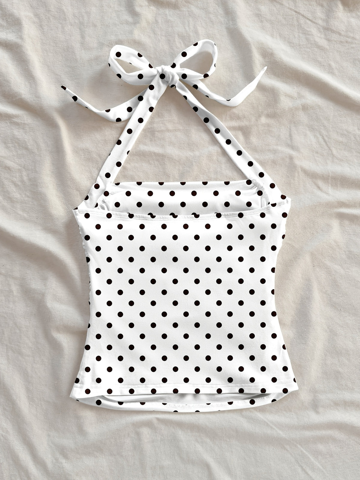 Women's Fashion Casual Floral Black Polka Dot Pattern Halter Neck Cropped Bodycon Tank Top for Summer Vacation - Ivory White
