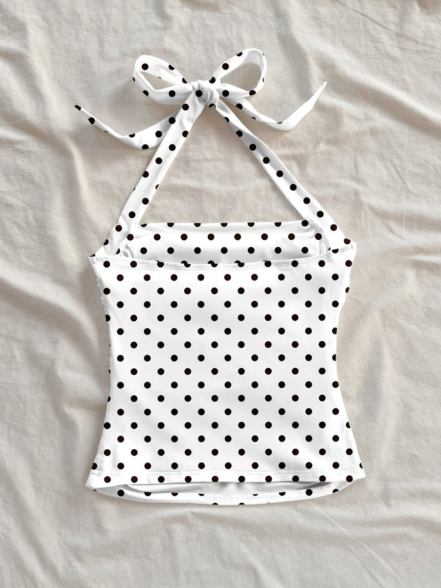 Women's Fashion Casual Floral Black Polka Dot Pattern Halter Neck Cropped Bodycon Tank Top for Summer Vacation - Ivory White