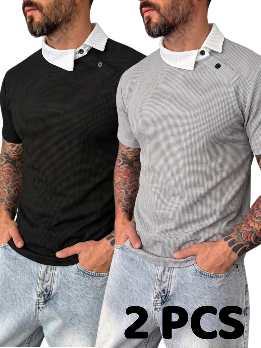 [Shule Water OBM] [Summer 2026 New 2pcs Set] Men'S Waffle Knit Off-Shoulder Button-Up Polo Shirt - Gray Black