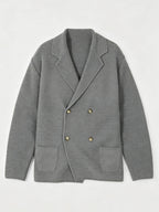 Men's New Autumn/Winter Double-Breasted Knit Jacket, Loose Fit Casual Suit-Style Top with Lapel. European/American Style Men's Notched Lapel Knit Cardigan with Double-Breasted Design, Versatile Outerwear for Spring/Autumn, Suitable for Both Commuting - Grey