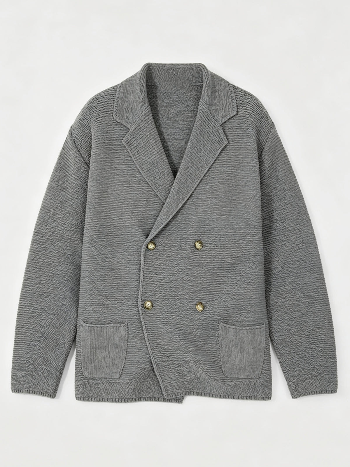 Men's New Autumn/Winter Double-Breasted Knit Jacket, Loose Fit Casual Suit-Style Top with Lapel. European/American Style Men's Notched Lapel Knit Cardigan with Double-Breasted Design, Versatile Outerwear for Spring/Autumn, Suitable for Both Commuting - Grey