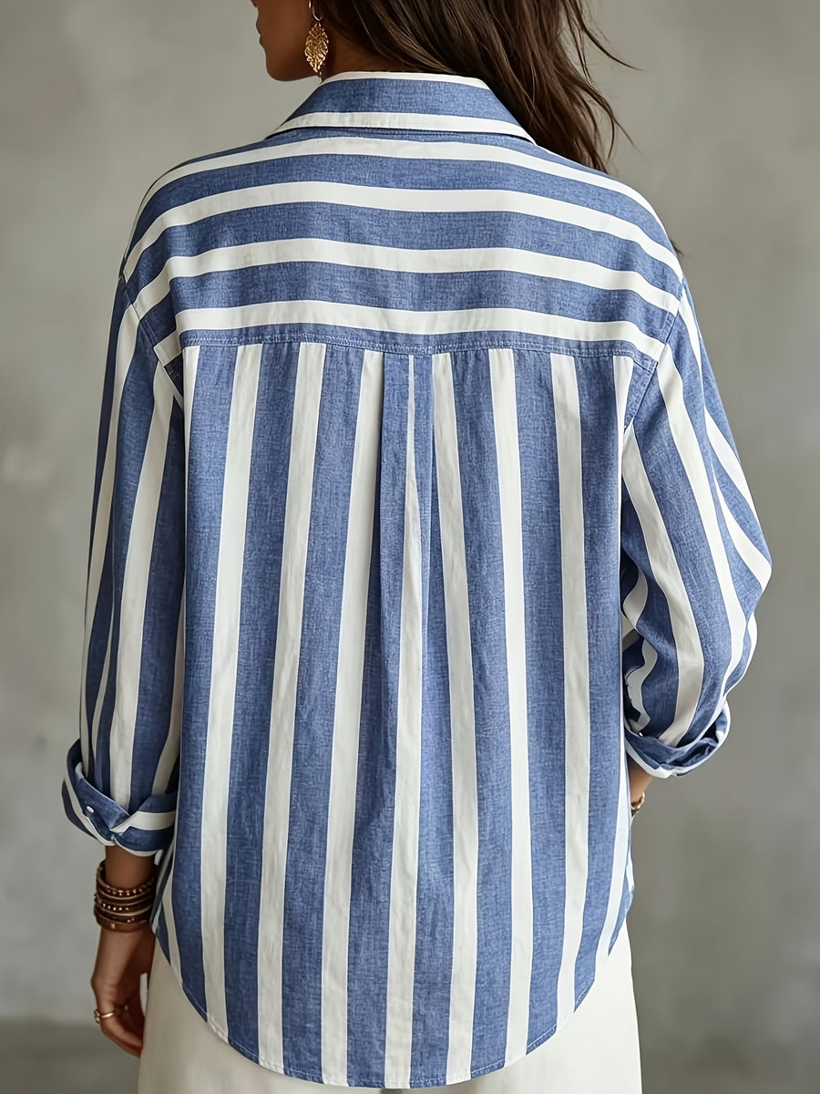Vintage Vertical Striped Shirt, Women'S Loose Lapel Casual Versatile Open Front Top - Blue