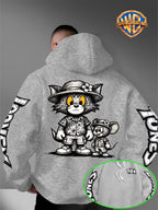 Men's Warner Bros. Vacation Hand-Drawn Sketch Print Hooded Sweatshirt, a Loose and Casual Hoodie Suitable for Animation IP Enthusiasts, Daily Commutes to School, Streetwear, and  Outfits for Couples and Best Friends - Light Grey