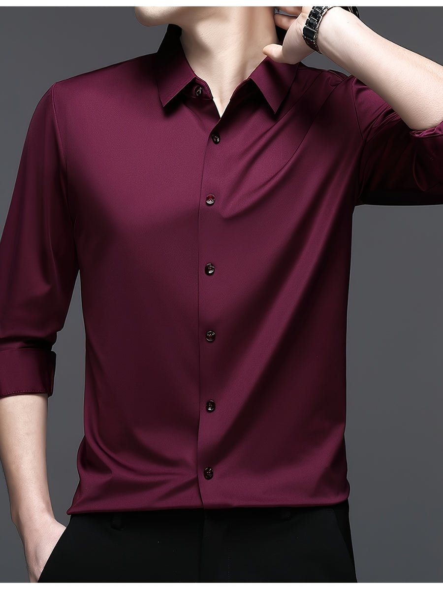 High-end Men's Casual Fashion Wrinkle-Resistant Thin Seamless Stretch Business Solid Color No-Iron Long Sleeve Shirt - Burgundy