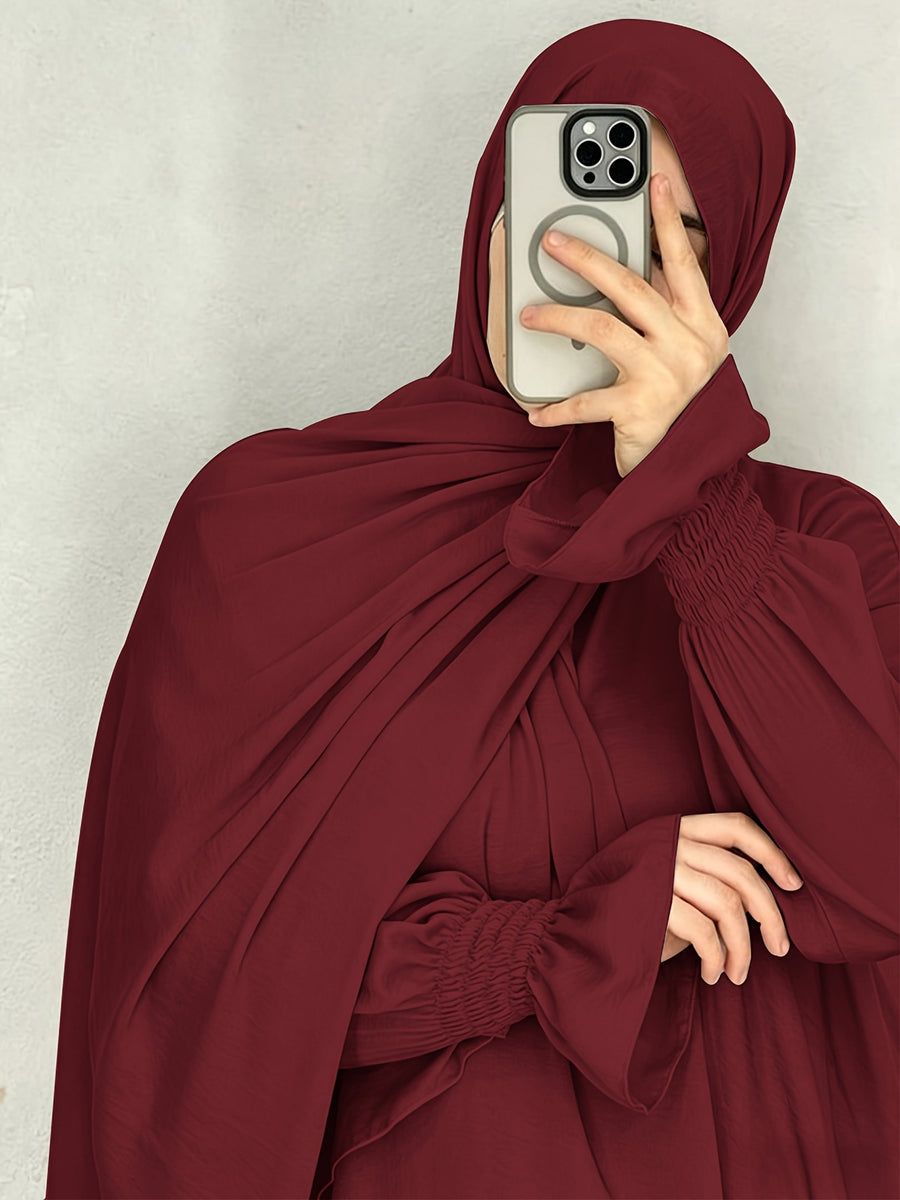 1pc Ice Wrinkled Fabric Scarf And Robe Abaya Khimar Loose Cuff Design Easy Fashion Suitable for Women'S Daily Wear And Prayer All Seasons - Deep Red