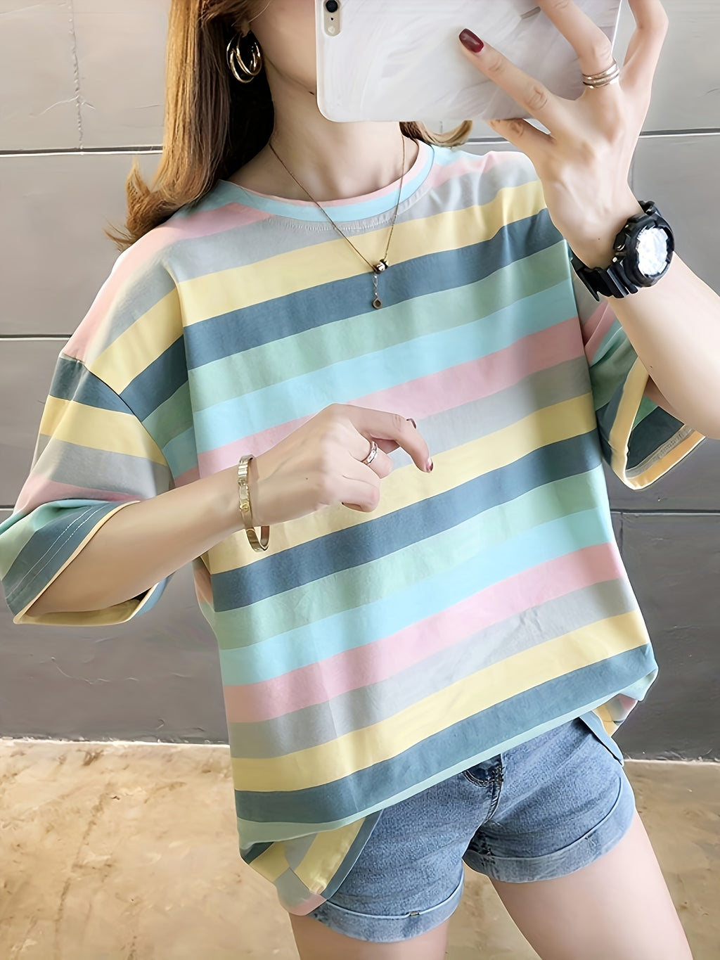 Women's Plus Size Loose Fit Cartoon Print T-Shirt - Pastel Color Block Short Sleeve Round Neck Top, Breathable Medium Stretch Fabric, Long Length Casual Summer Spring Fall Machine Washable, Ladies T Shirts, Trendy Streetwear, Relaxed Fit Tee - Sky Blue