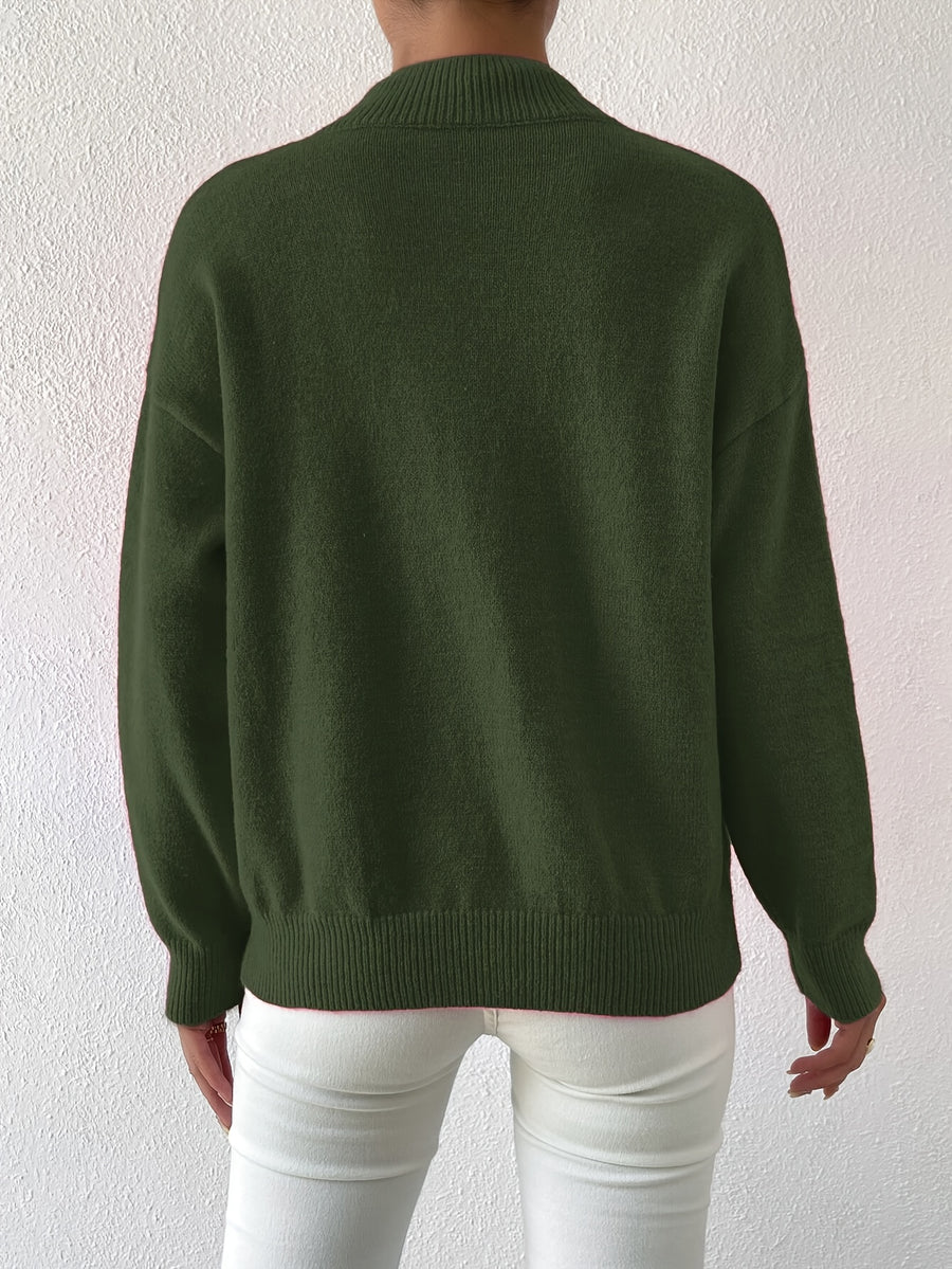 Women's Solid Color Elegant Mock Neck Long Sleeve Drop Shoulder Pullover Sweater - Olive Green