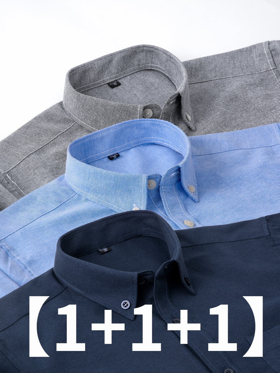 Three-pc Classic Men's Oxford Plain Color Shirts, Simple and Elegant Casual Long-Sleeve Shirts, Available in Multiple Colors for Easy Mix and Match - Blue+Gray+Navy